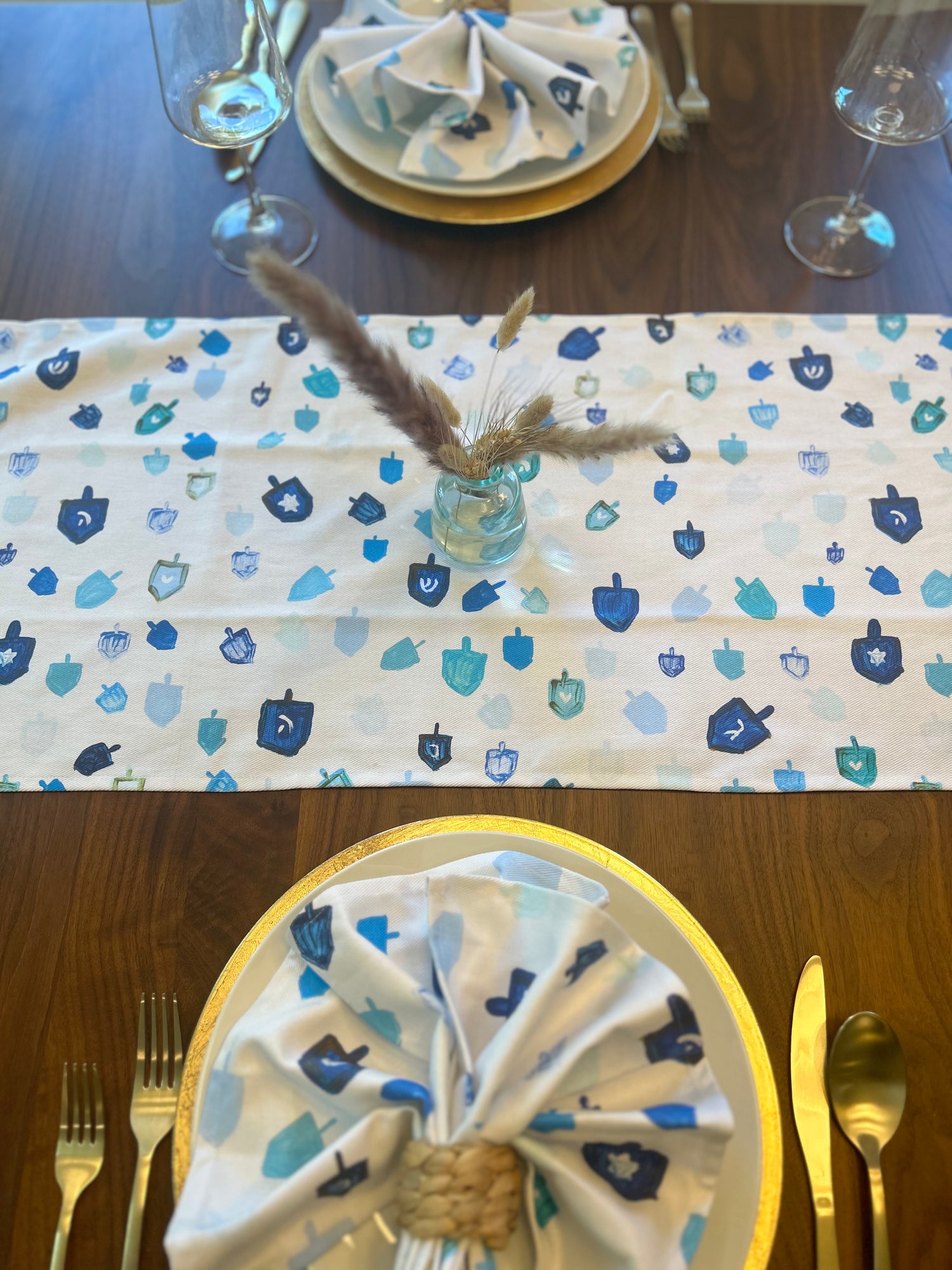 Blue Dreidels | Hanukkah Table Runner