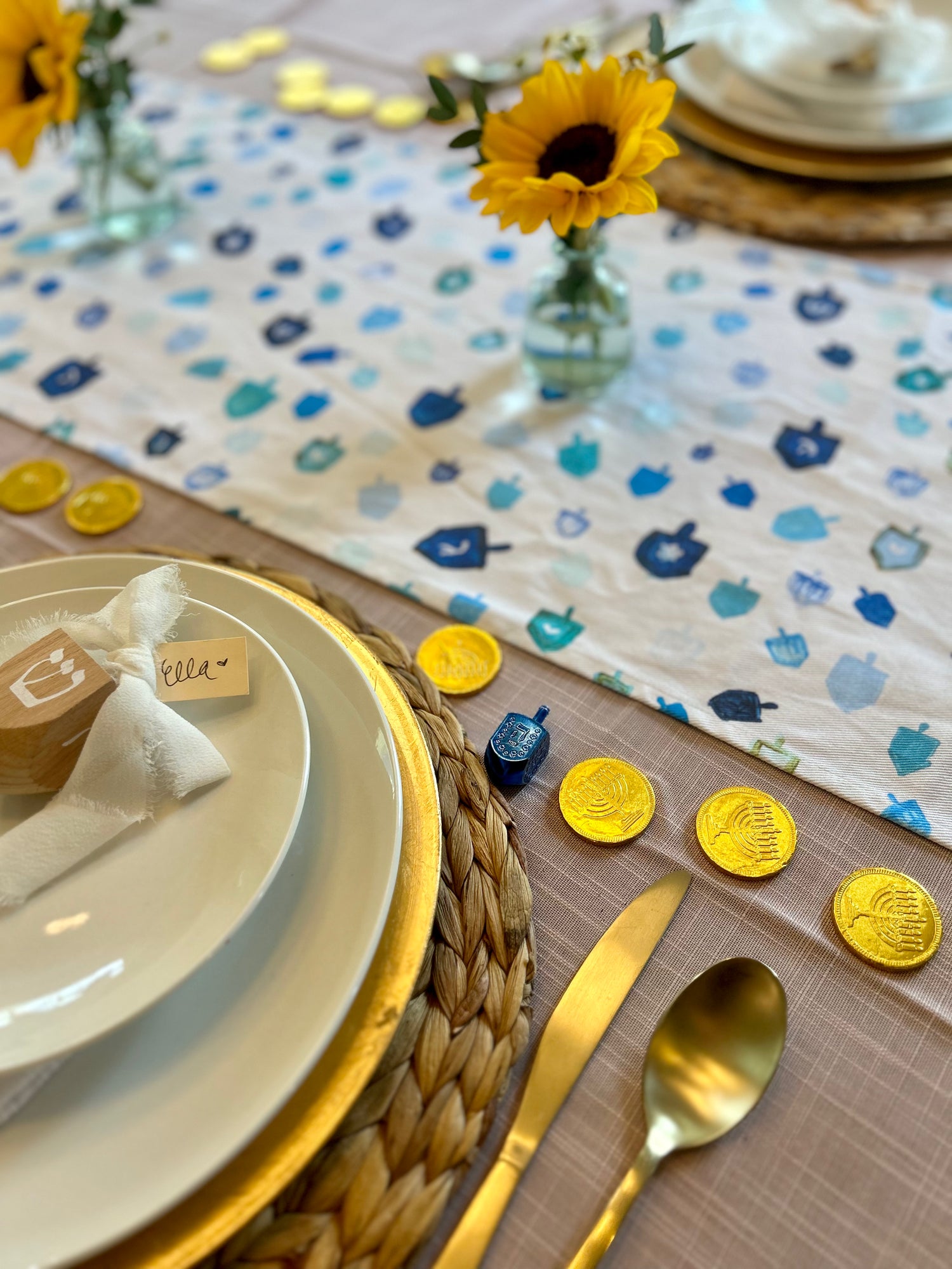 Blue Dreidels | Hanukkah Table Runner