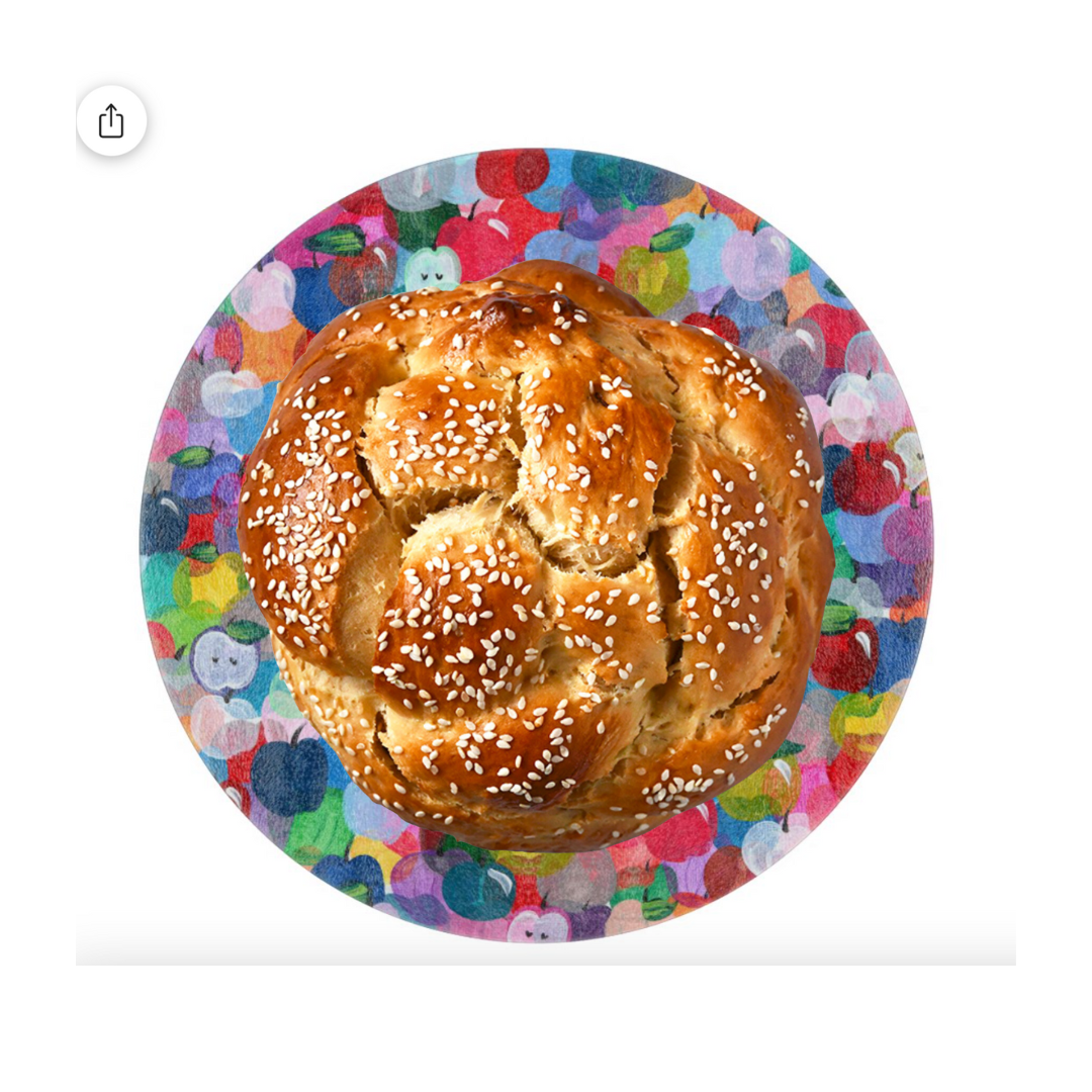 Rainbow Apples glass challah tray with colorful apple artwork for a modern Rosh Hashanah table