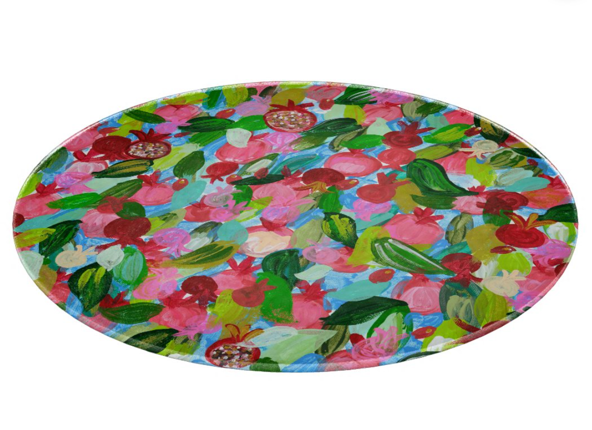 Red Pomegranates Round Glass Challah Tray