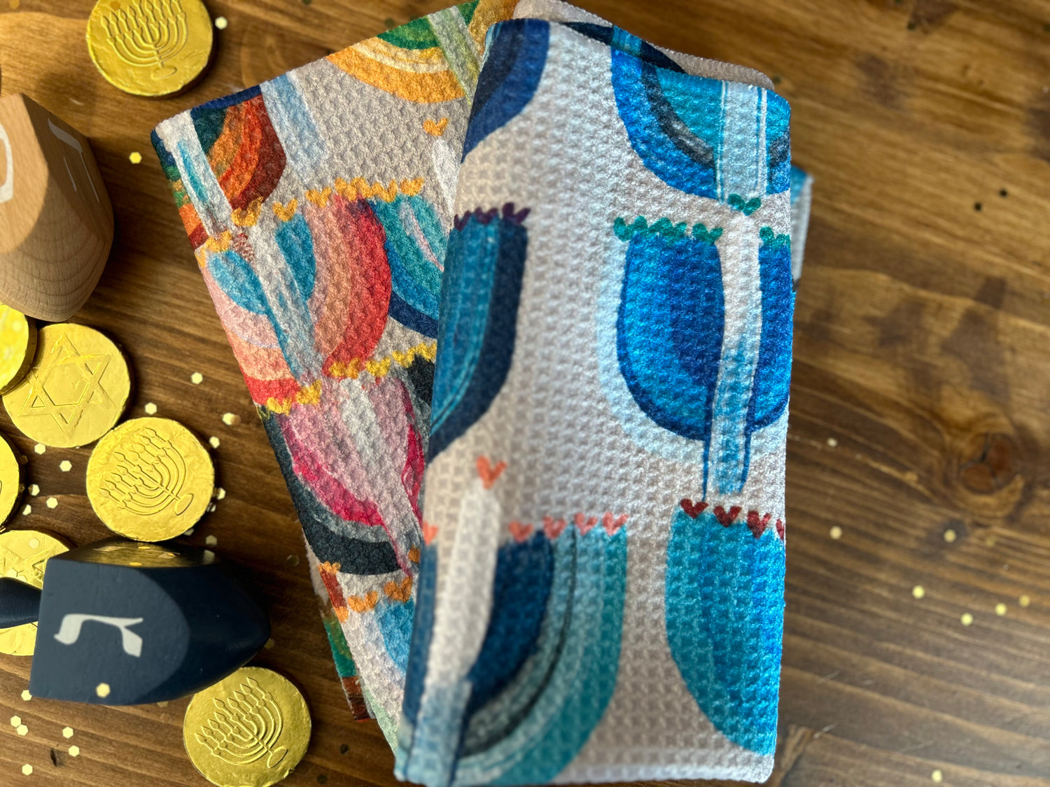 Blue Menorahs Hanukkah Kitchen Tea Towel