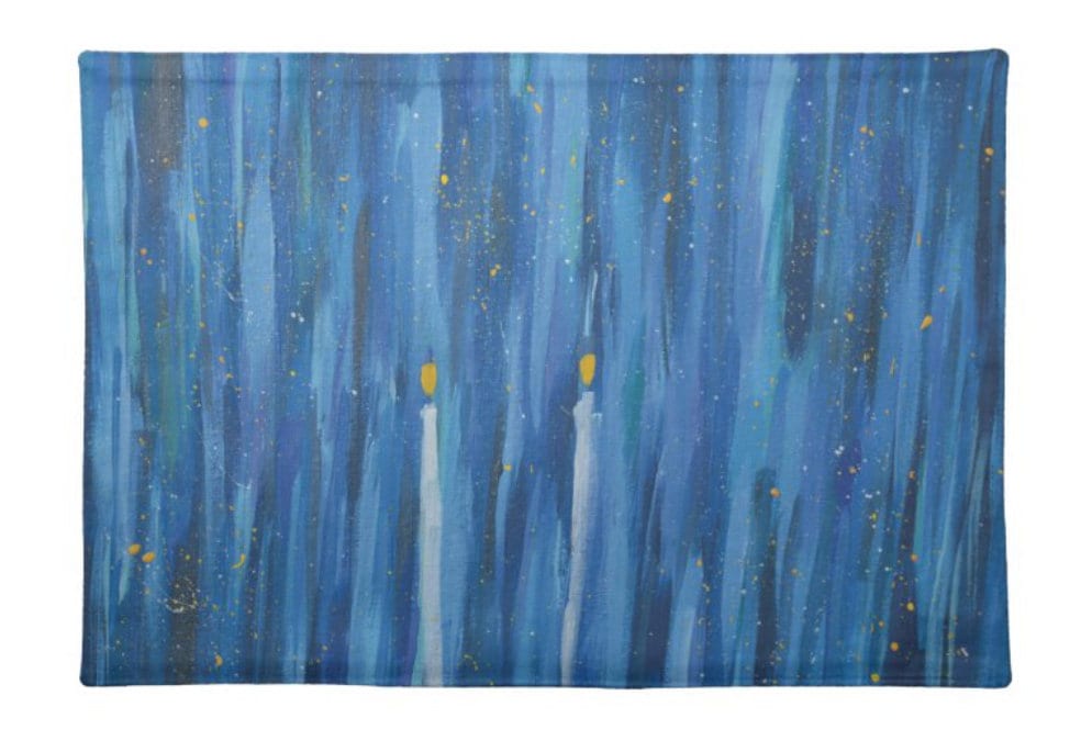 Arielle Zorger Designs colorful and whimsical Shabbat Candles Splatter paint designed challah cover