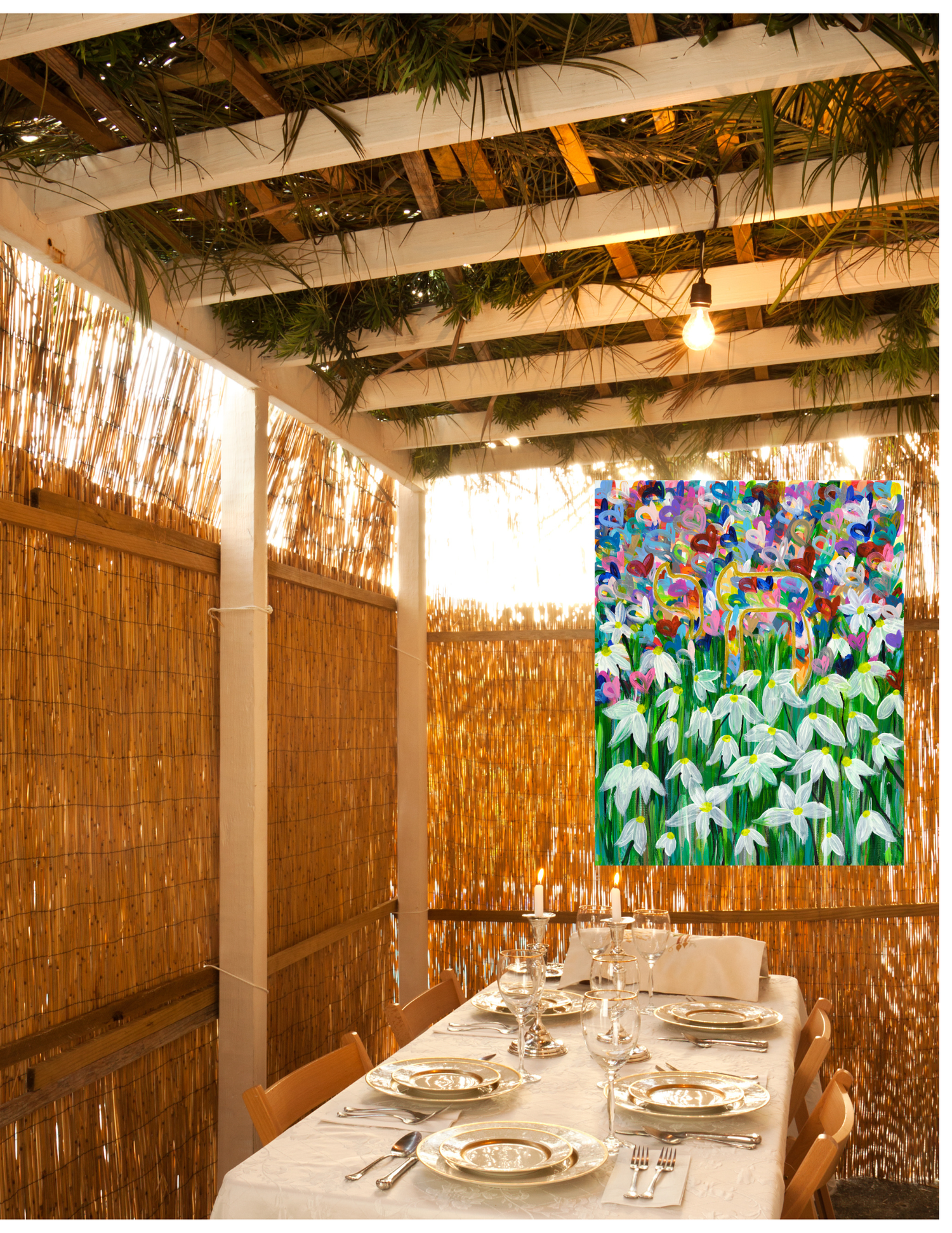 Colorful Chai heart decoration for a Sukkot sukkah