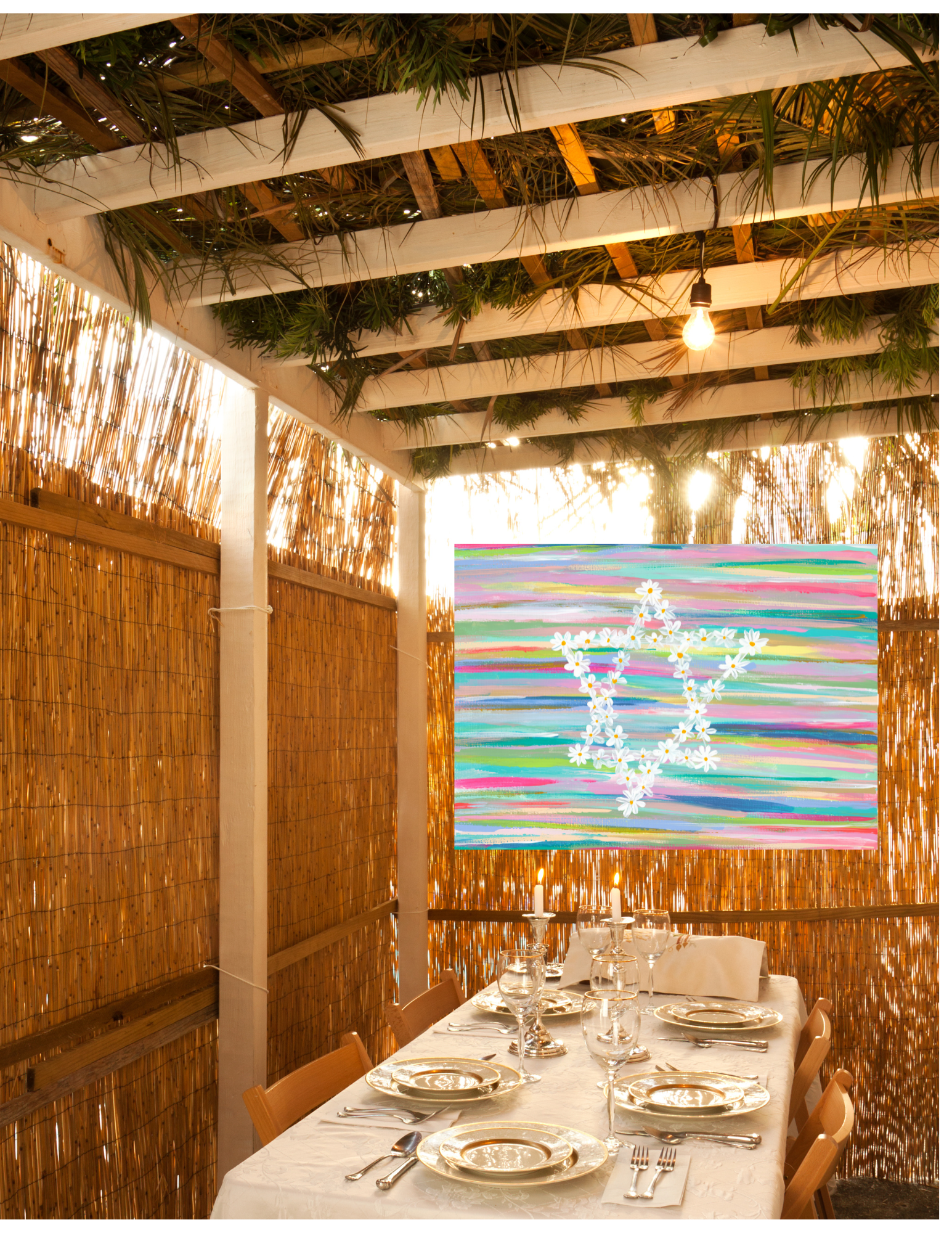 Colorful floral Sukkot decoration for a modern sukkah