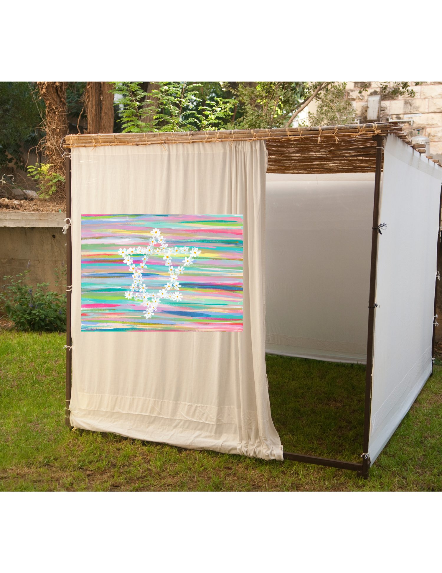 Daisy Sukkah banner with colorful floral artwork