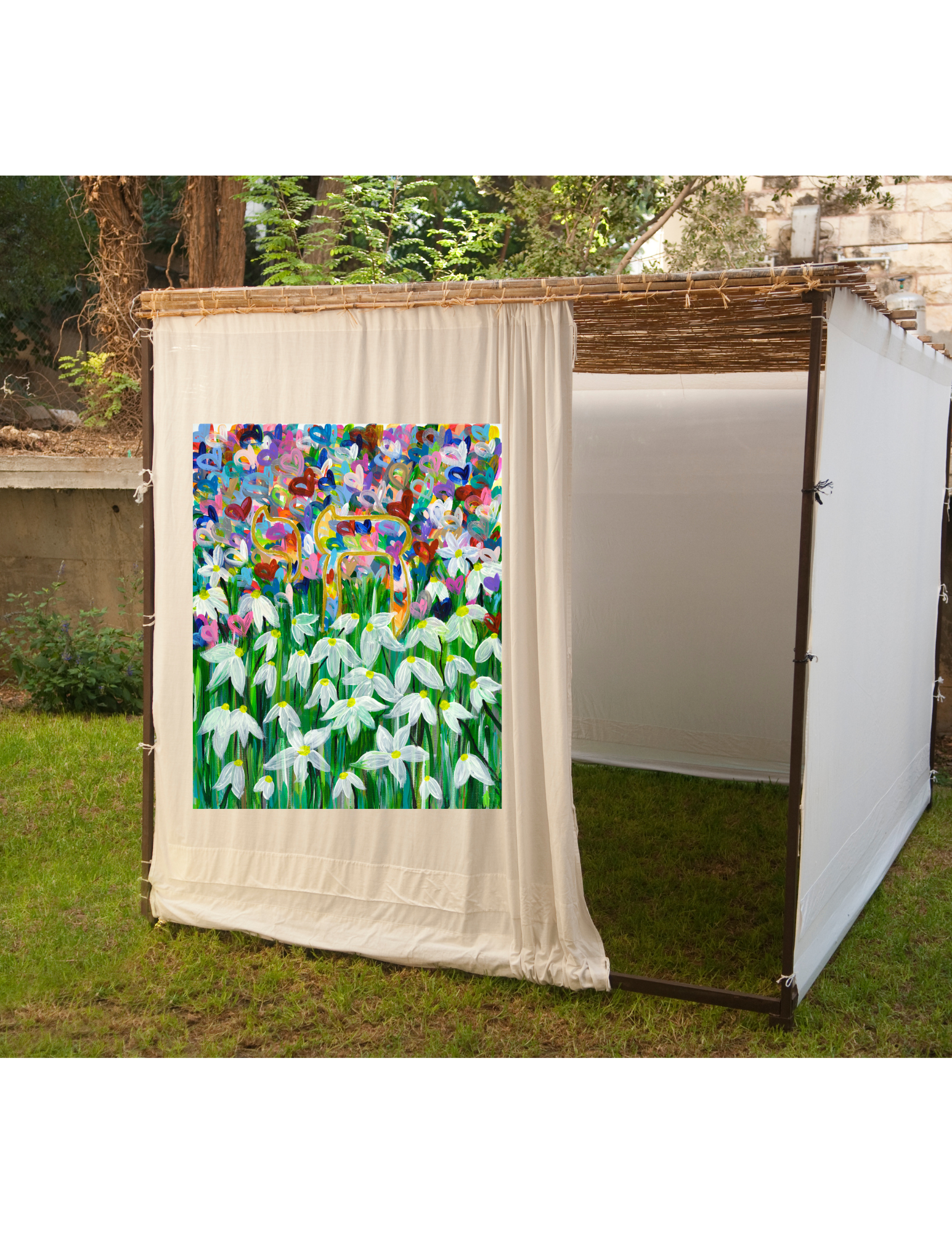 Heart Chai Sukkah banner with colorful Jewish artwork
