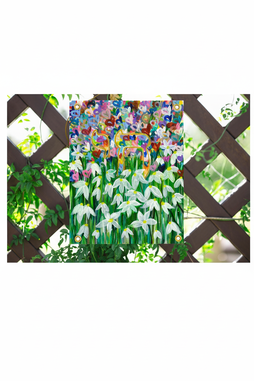 Modern Jewish Sukkah banner featuring Hebrew Chai artwork