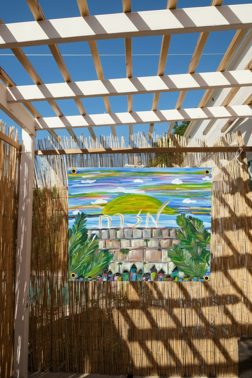 Colorful Sukkah decoration featuring Mizrach artwork