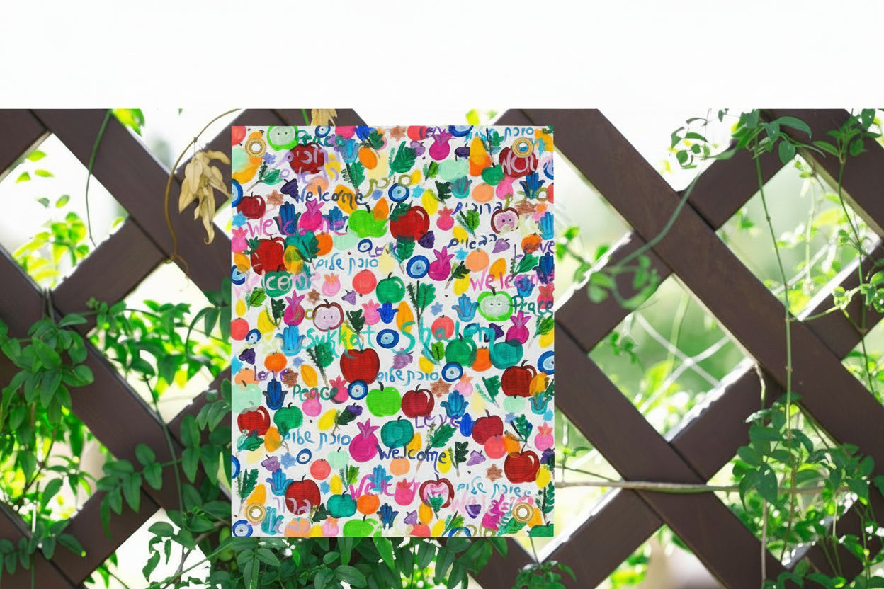 Sukkot Shalom banner featuring original Judaica artwork