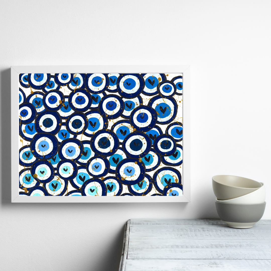 Blue Heart Evil Eyes Giclee Art Print