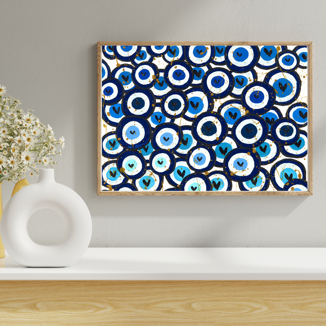 Blue Heart Evil Eyes Giclee Art Print