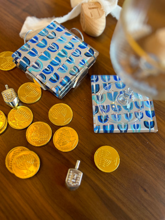 Blue Menorahs Hanukkah Acrylic Coasters - Set of 4