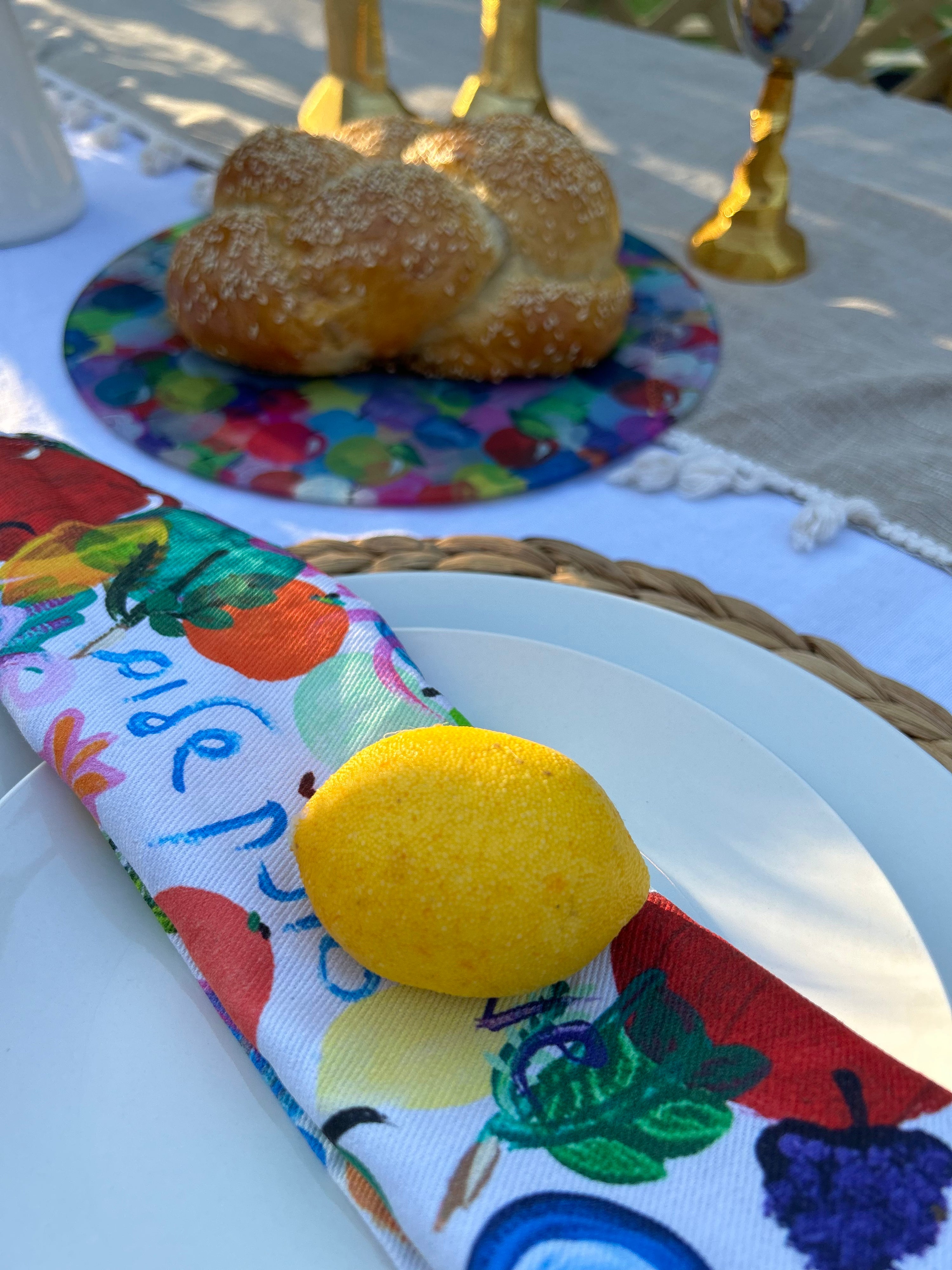 Sukkah Shalom cloth napkins for colorful Sukkot table decor