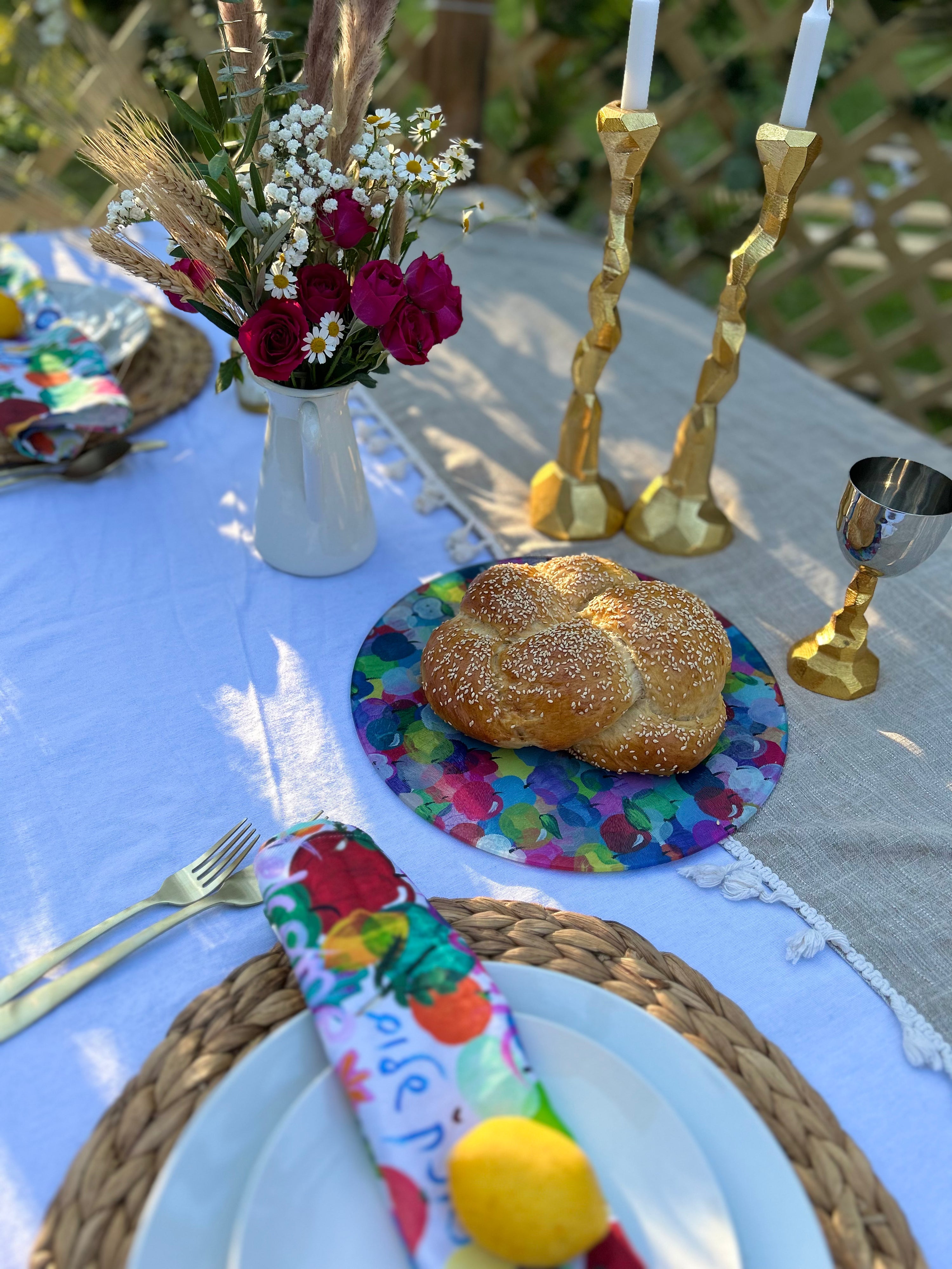 Rainbow Apples Round Glass Challah Tray
