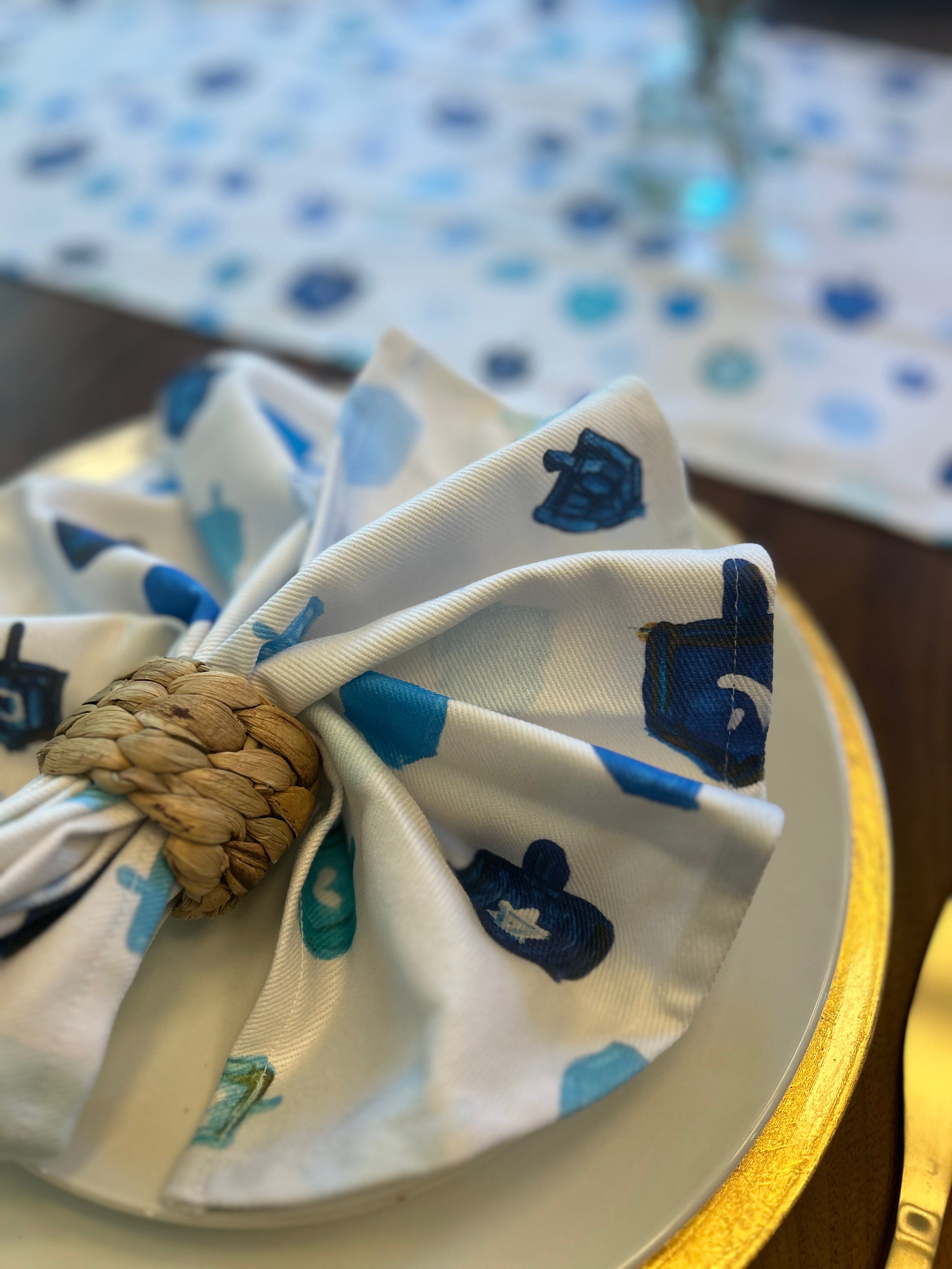 Blue Dreidels Hanukkah Cloth Napkins