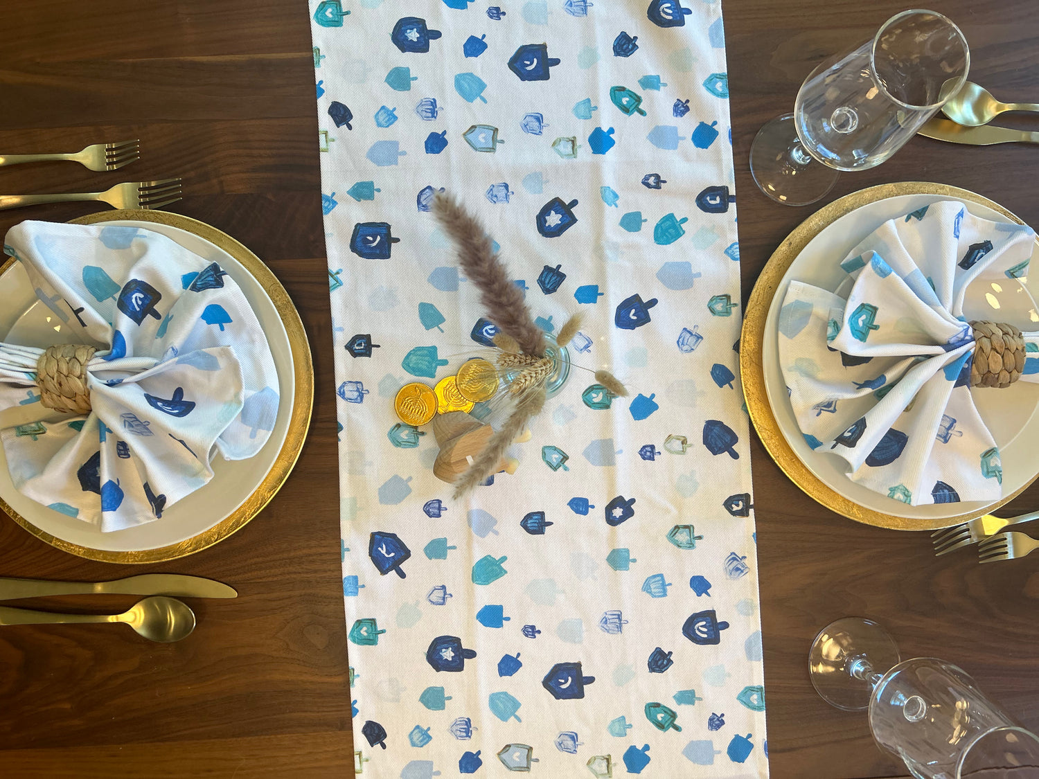 Blue Dreidels Hanukkah Cloth Napkins