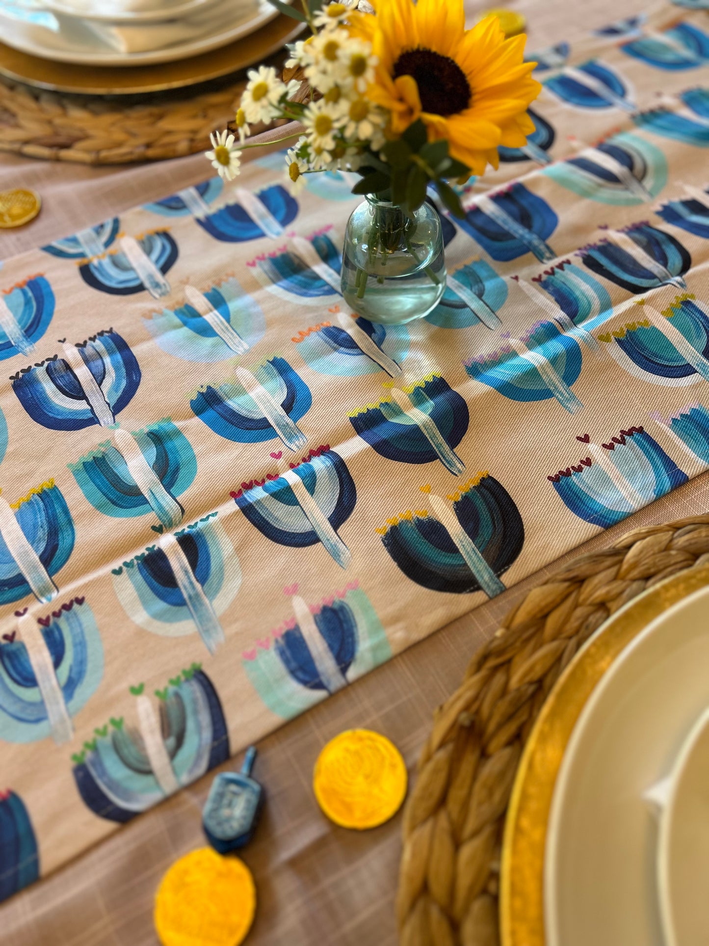 Blue Menorahs | Table Runner