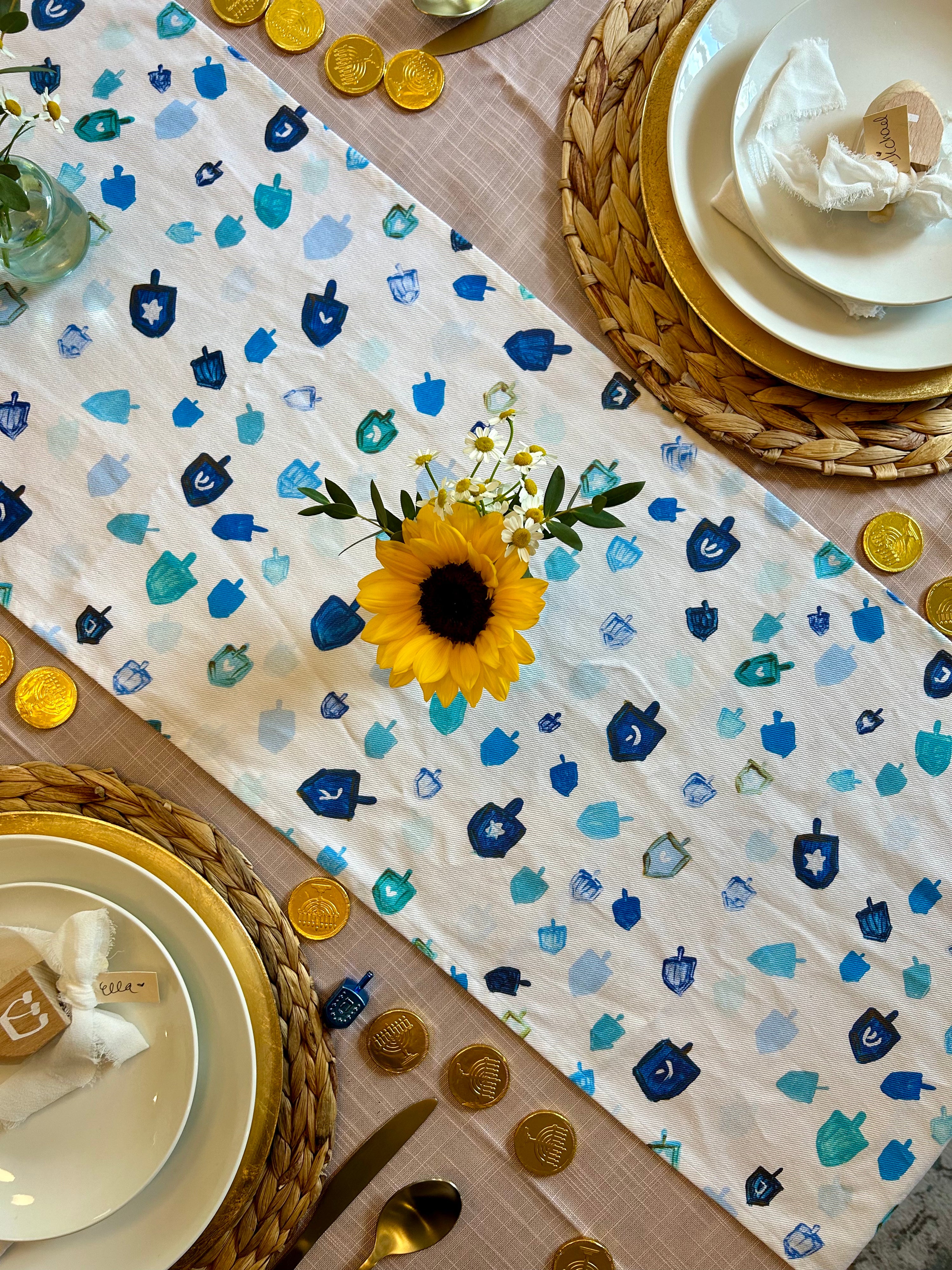 Blue Dreidels | Hanukkah Table Runner