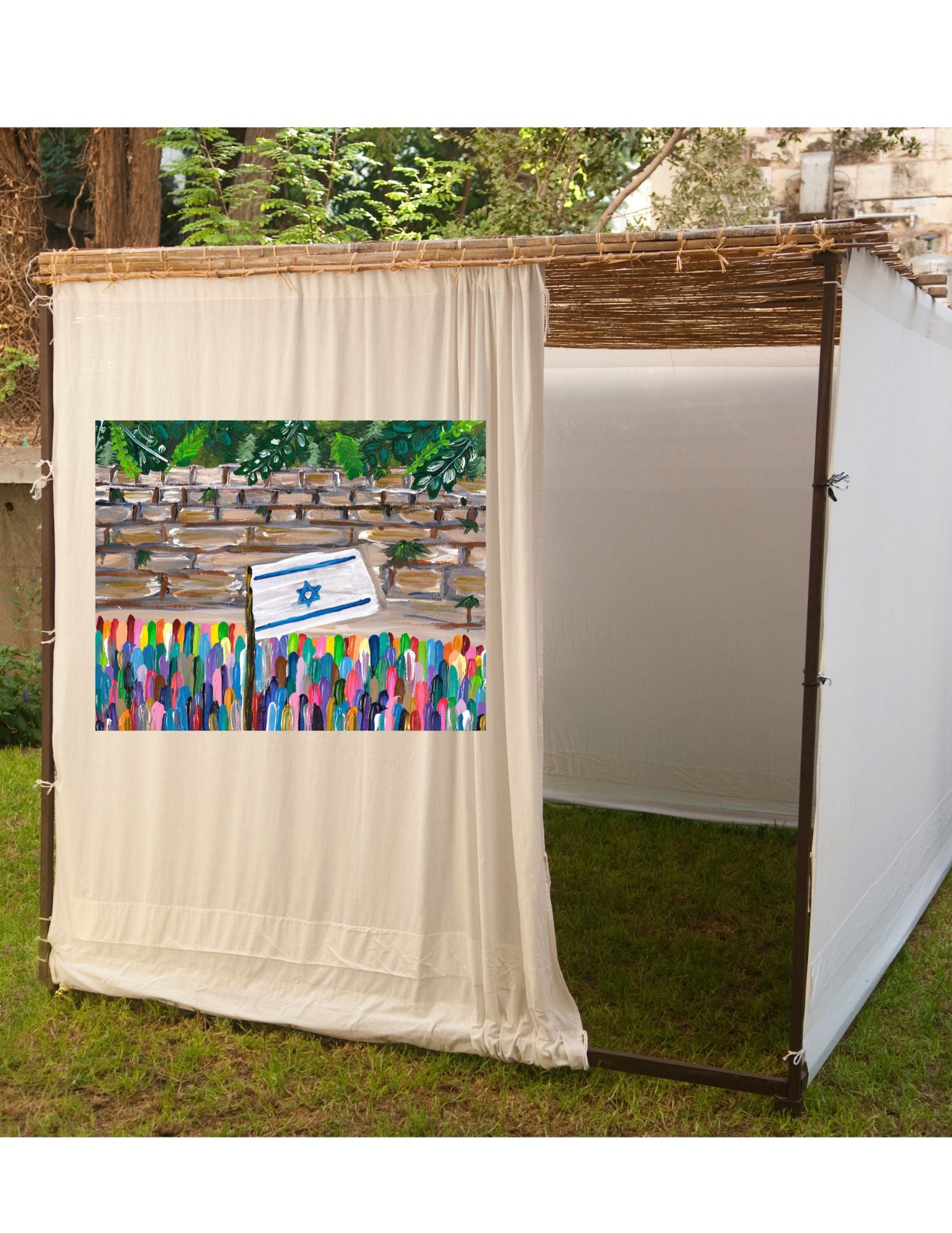 Kotel Sukkah banner with colorful Western Wall artwork