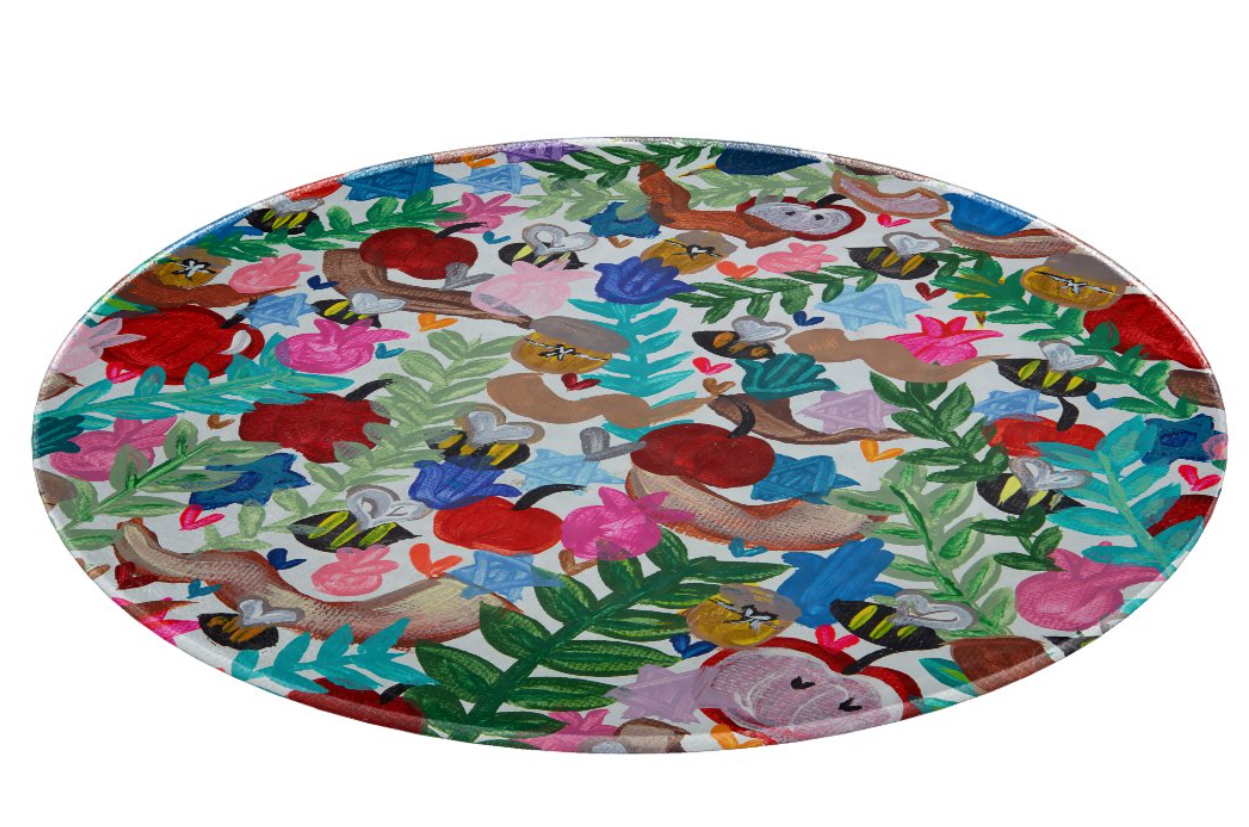 Everything Rosh Hashanah Round Glass Challah Tray