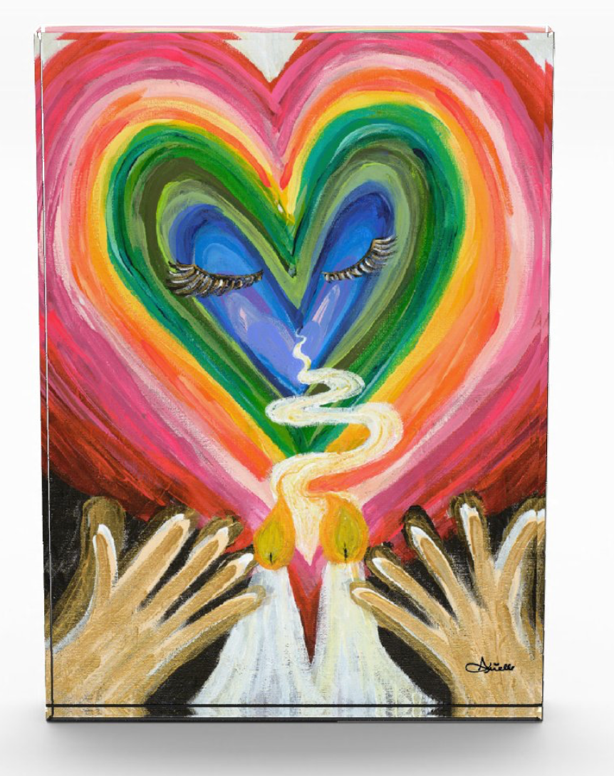 Back To Self Shabbat Shuvah acrylic art block with a rainbow heart and Shabbat candles