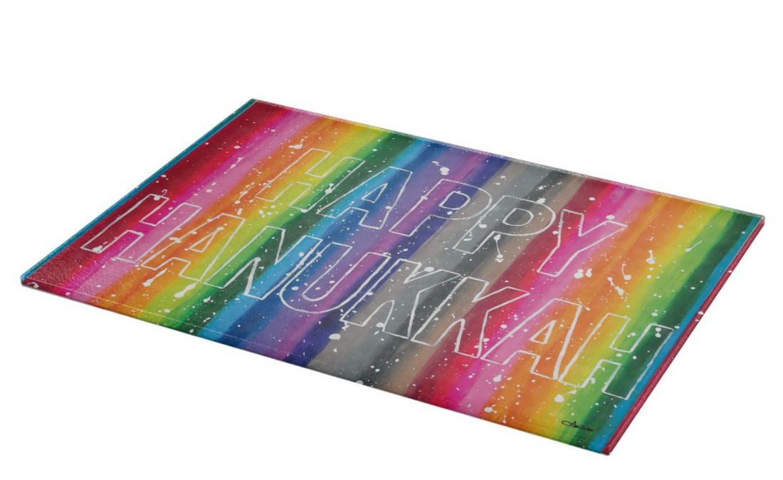 Happy Hanukkah Rainbow Glass Menorah Tray