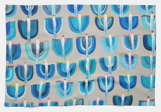Blue Menorahs Hanukkah Kitchen Tea Towel
