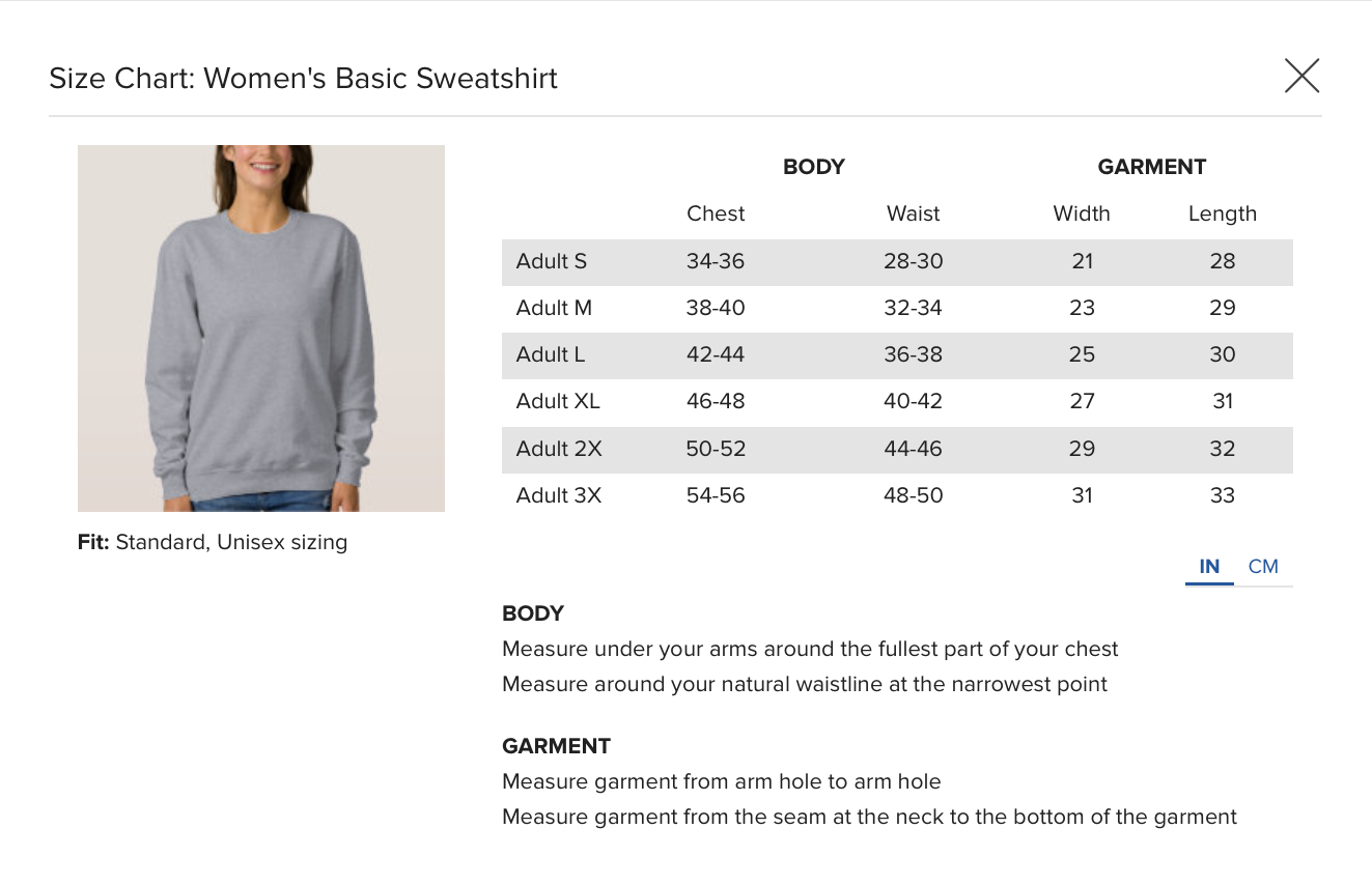 Size Chart for Grey Sweatshirt