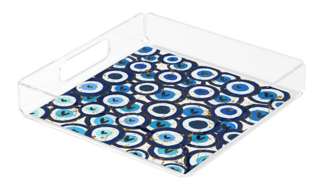 Blue Heart Evil Eyes Acrylic Matzah Tray