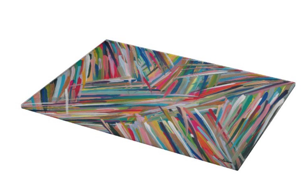 Contemporary designed Glass Tray can be used as a challah board, cutting board, Menorah drip tray and more! Art created by Arielle Zorger Designs