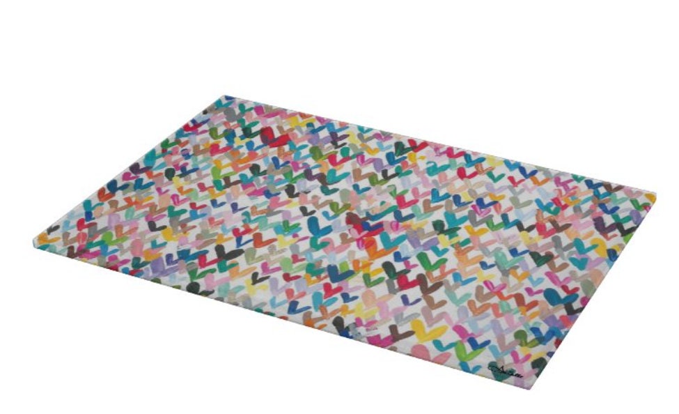 Contemporary designed Glass Tray can be used as a challah board, cutting board, Menorah drip tray and more! Art created by Arielle Zorger Designs