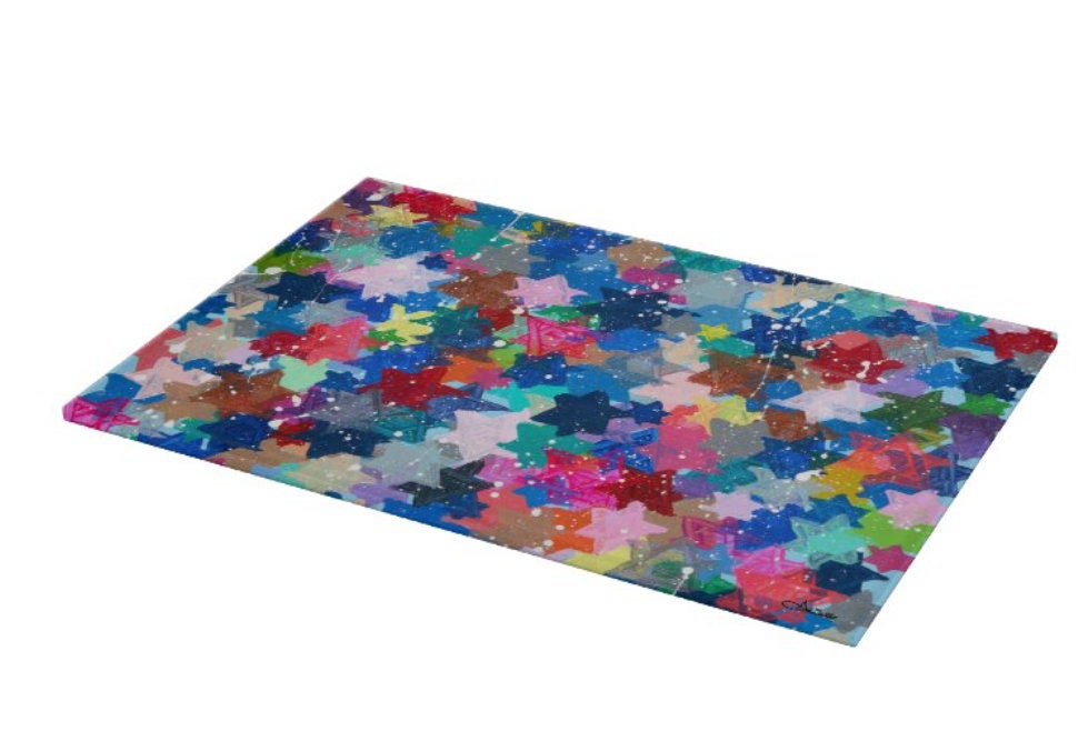 Contemporary designed Glass Tray can be used as a challah board, cutting board, Menorah drip tray and more! Art created by Arielle Zorger Designs