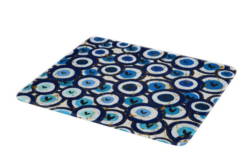 Contemporary designed Glass Tray can be used as a challah board, cutting board, Menorah drip tray and more! Art created by Arielle Zorger Designs