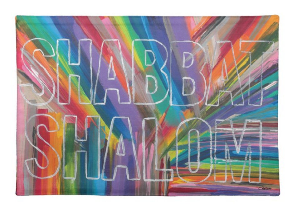 Arielle Zorger Designs colorful and modern block letter Shabbat Shalom designed challah cover